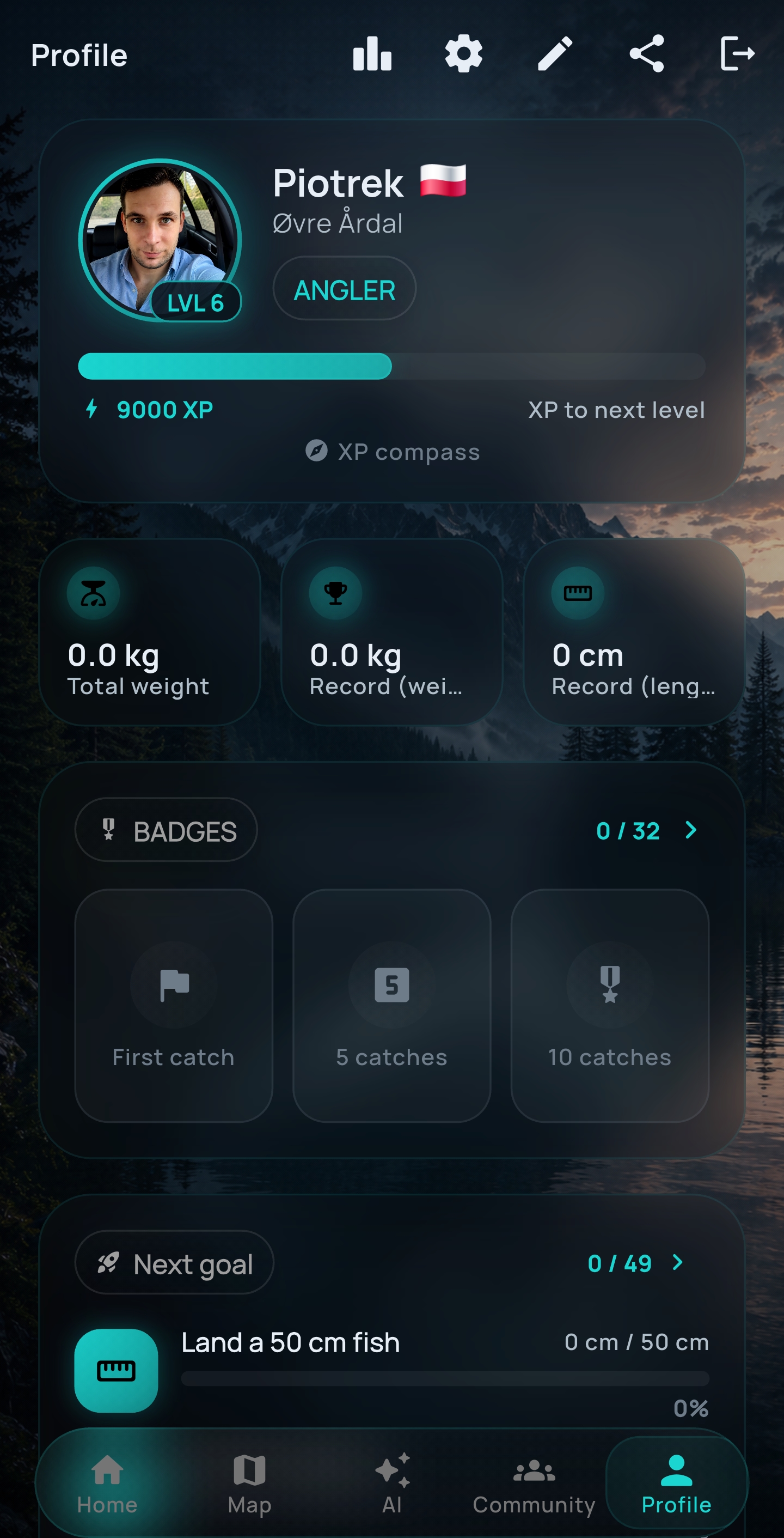Fishing profile and achievements